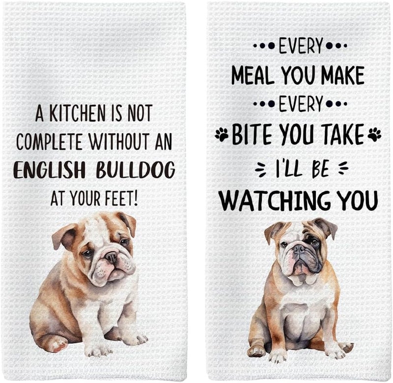 Tzhim English Bulldog Gifts Kitchen Towels Set of 2, English Bulldog Gifts for Women, English Bulldog Hand Towels, English Bulldog Dish Towels Tea Towels, Dog Kitchen Bathroom Decor, 16x24inch - Image 1